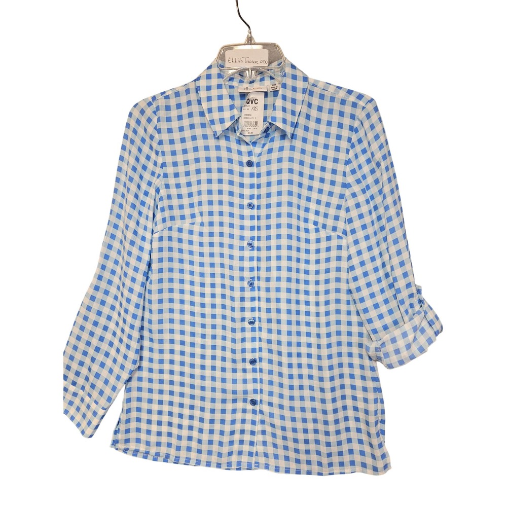 Denim & Co Womens Blue White Gingham Roll Tab Sleeve Button Front Shirt XXS NEW